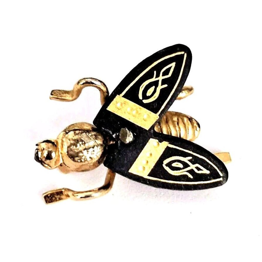 Vintage Damascene Gold Filigree & Black Enamel Bee Brooch Pin